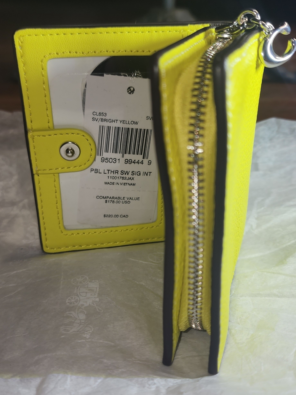 Coach Yellow Pebbled Leather Bi-fold Wallet with Silver Logo - Picture 4 of 8